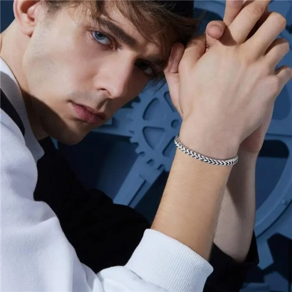 Mens Bracelet - Stainless Steel Fold Over Clasp Franco Chain Bracelets for Men